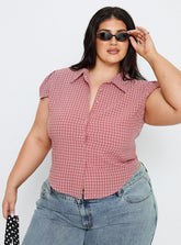 Float Away Button Up Top Red Check Curve