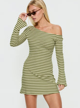 Adrietta Long Sleeve Off Shoulder Mini Dress Cream / Matcha Stripe