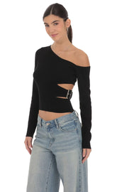 Cutout Buckle Off Shoulder Top In Black