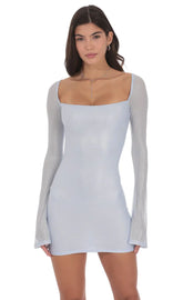 Foil Long Sleeve Bodycon Dress In Baby Blue