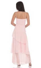 Long Ruffle Maxi Dress In Pastel Pink