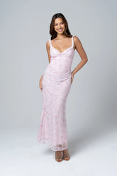 Clarissa Pink Floral Lace Midi Dress