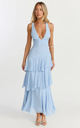Beryl Midi Dress - Deep V Neck Sleeveless Layered Dress In Blue