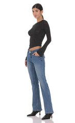 Double Button Slim Flare Jeans In Blue