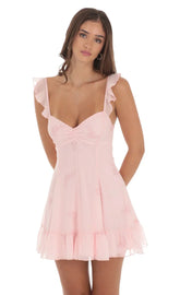 Chiffon Rose Ruffle Strap Dress In Pink