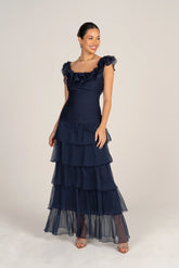 Adele Navy Tiered Dress With Ruffle Straps