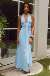 Kaeli Tie Front Halter Maxi Dress - Sky Blue