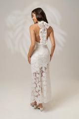 Georgia White High Neck Lace Midi Dress