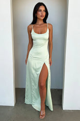Violetta Scoop Neck Satin Maxi Dress - Sage