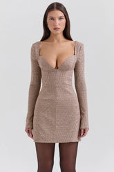 Angelie-Brown Puppytooth Check Plunge Mini Dress - Sale