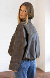 River Vintage Brown Pu Bubble Hem Bomber Jacket