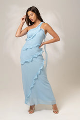Giselle One Shoulder Blue Ruffle Cocktail Dress