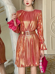Metallic Copper Pleated Flare Belted Mini Dress