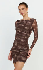 Zita Mini Dress - High Neck Long Sleeve Bodycon Mesh Dress In Chocolate Blurred Print