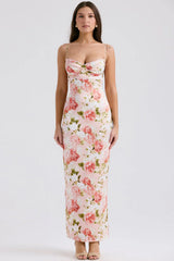 Pink Peony Print Satin Maxi Dress