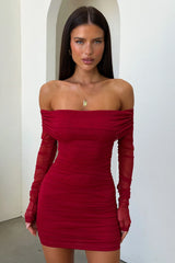 Catriona Long Sleeve Mesh Mini Dress - Red