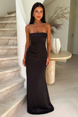Ophelia Strapless Embellished Satin Maxi Dress - Black