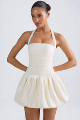 Halterneck Lace-Up Bubble Hem Corset Micro Mini Dress In Ivory