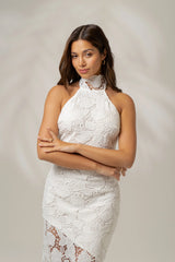 Georgia White High Neck Lace Midi Dress