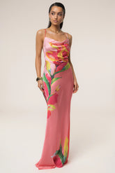 Satin Floral Print Maxi Dress