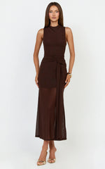 Jaimae Midi Dress - High Neck Side Knot Detail Mesh Dress In Chocolate
