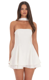 Satin Scarf Strapless Dress In White