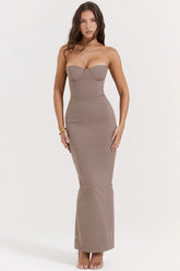 Taupe Strapless Corset Maxi Dress