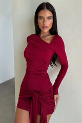 Mabel Long Sleeve Wrap Mini Dress - Burgundy