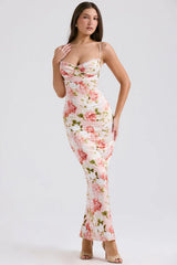 Pink Peony Print Satin Maxi Dress