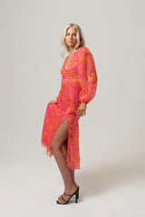 Pia Pink Print Midi Dress With Billowed Sleeves