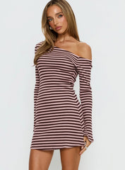 Adrietta Long Sleeve Off Shoulder Mini Dress Chocolate / Pink Stripe