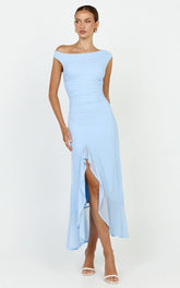 Judee Midi Dress - One Shoulder High Side Split Dress In Light Blue