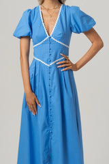 Eden Puff Sleeve Blue Midi Dress With Ric Rac Trims