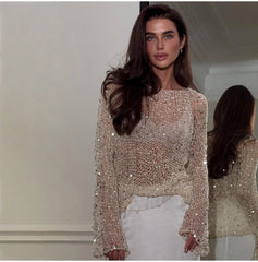 Sequin Knit Sheer Long Sleeve Blouse