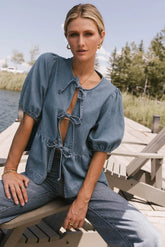 Natalia Peplum Tie Blouse In Light Wash Final Sale