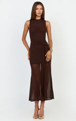 Jaimae Midi Dress - High Neck Side Knot Detail Mesh Dress In Chocolate