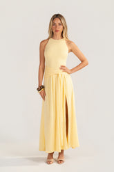 Davina Knit Yellow High-Neck Halter Dress