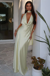Zealand Plunge Halter Satin Maxi Dress - Yellow