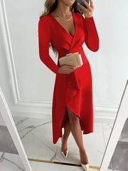 Elegant V-Neck Sheath Midi Dress With Slit Design