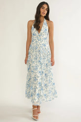 She'S Glowing Halterneck Ruffle Dress Floral Blue