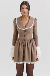 Sable-Brown Puppytooth Check Mini Dress - Sale