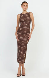 Loralie Midi Dress - Mesh High Neck Bodycon Dress In Chocolate Blurred Print