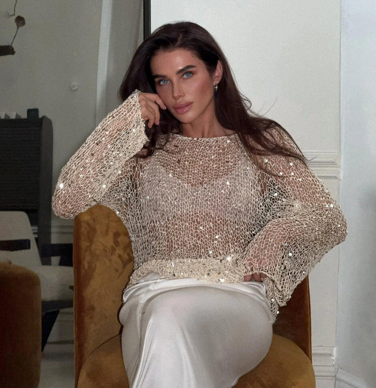 Sequin Knit Sheer Long Sleeve Blouse