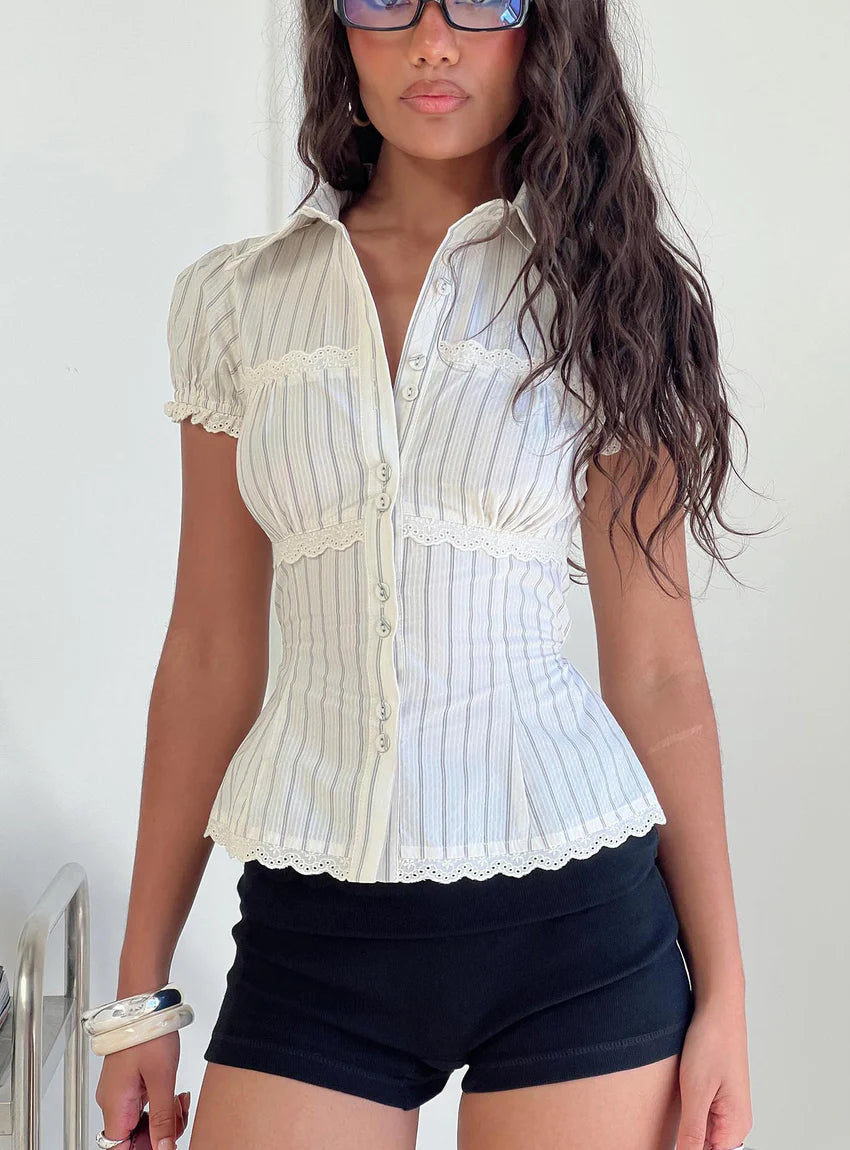 Deserve You Puff Sleeve Button Front Top Cream Stripe Petite