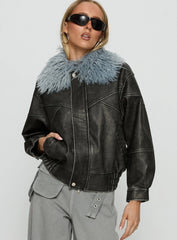 Brittanni Fluffy Collar Jacket Black / Blue
