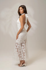 Georgia White High Neck Lace Midi Dress