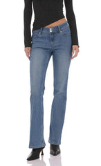 Double Button Slim Flare Jeans In Blue