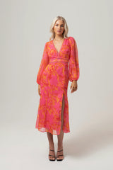 Pia Pink Print Midi Dress With Billowed Sleeves