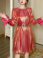Metallic Copper Pleated Flare Belted Mini Dress