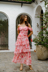 Jenna Drop Shoulder Pink Floral Maxi Dress